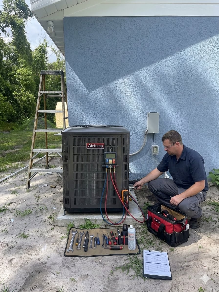 Technician calculating the correct air conditioner size during a residential home inspection.