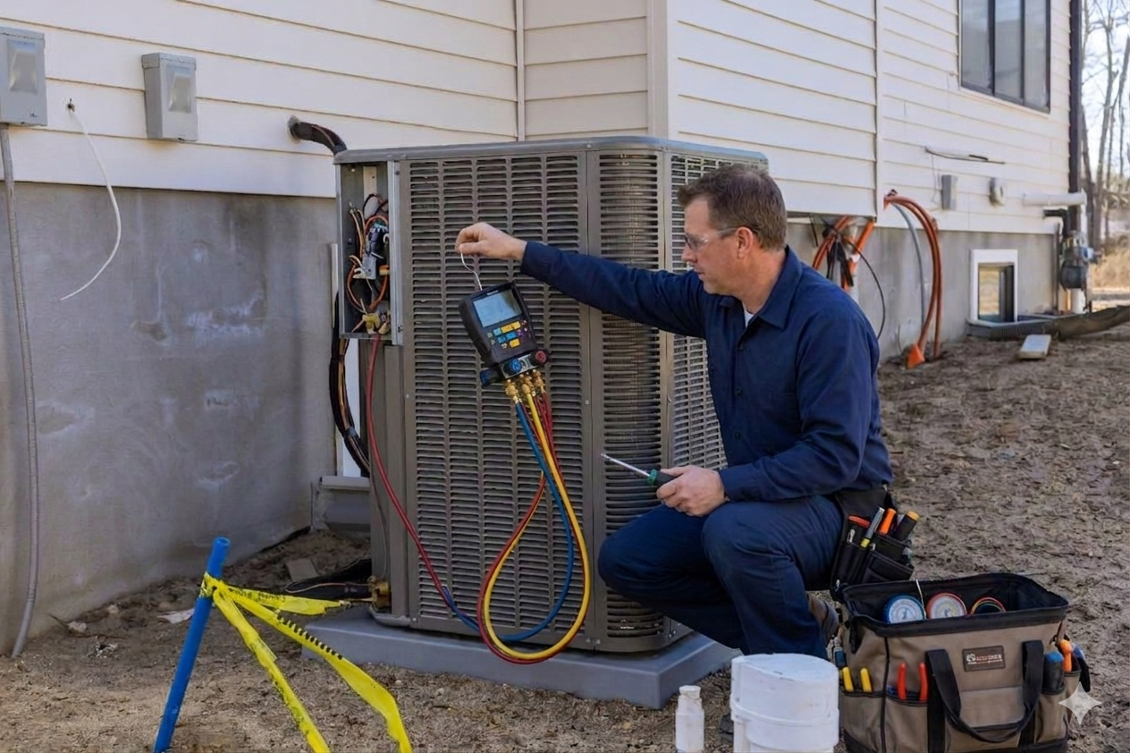 Licensed HVAC technician repairing a residential air conditioner while explaining the issue to a homeowner.