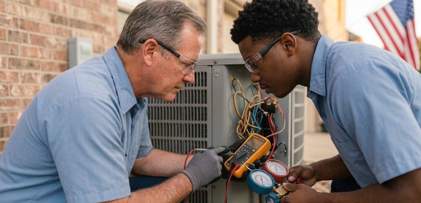 HVAC technician installing a new central air conditioning system in a U.S. home.