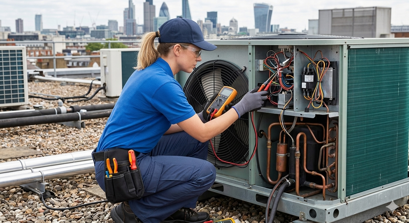 Licensed HVAC technician installing a central air conditioning system while a homeowner observes.